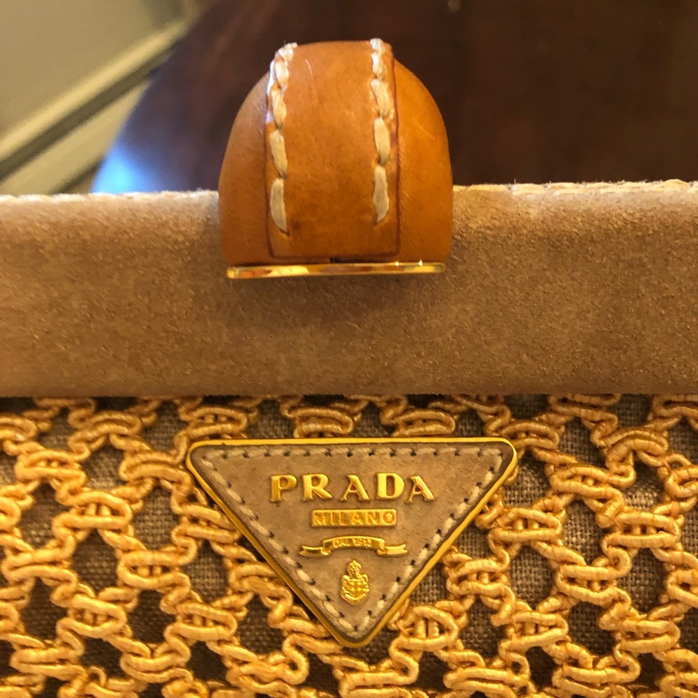 Prada woven clutch suede trim leather clasp